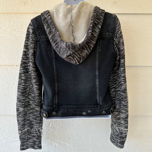 Free People Sz S/P Denim Jacket Hooded Black Button Front Manufactured Distress - Picture 6 of 14